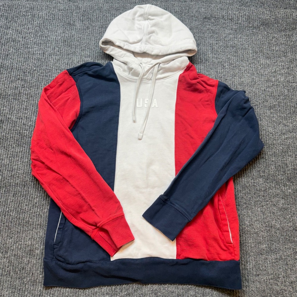USA Colorblock Hoodie Mens L Red White Blue Cotton Pullover American Eagle